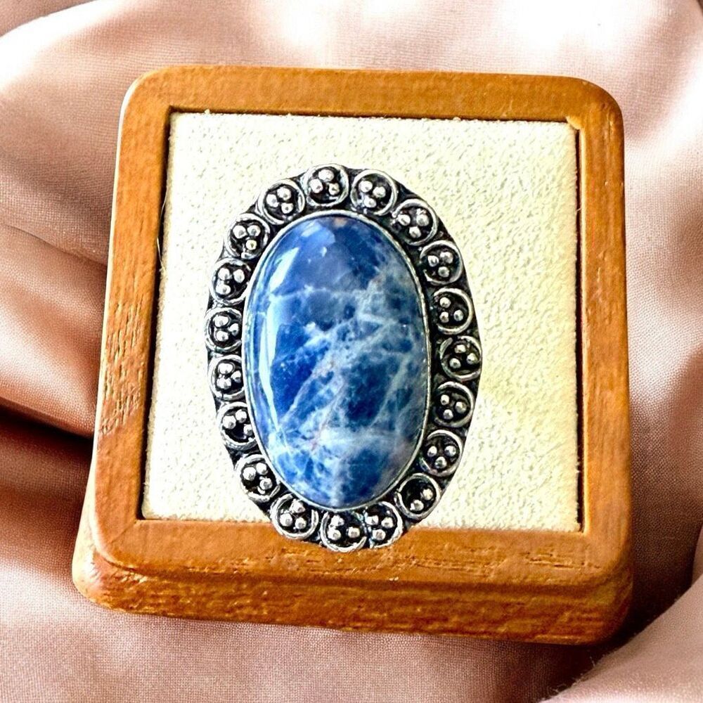 Stunning Sodalite Statement Boho Silver Ring Oval Framed Size 8.5 New